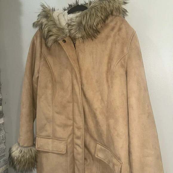 Vintage KC Collections Women’s XL Beige Faux Fur Hooded Jacket Coat - Picture 2 of 9